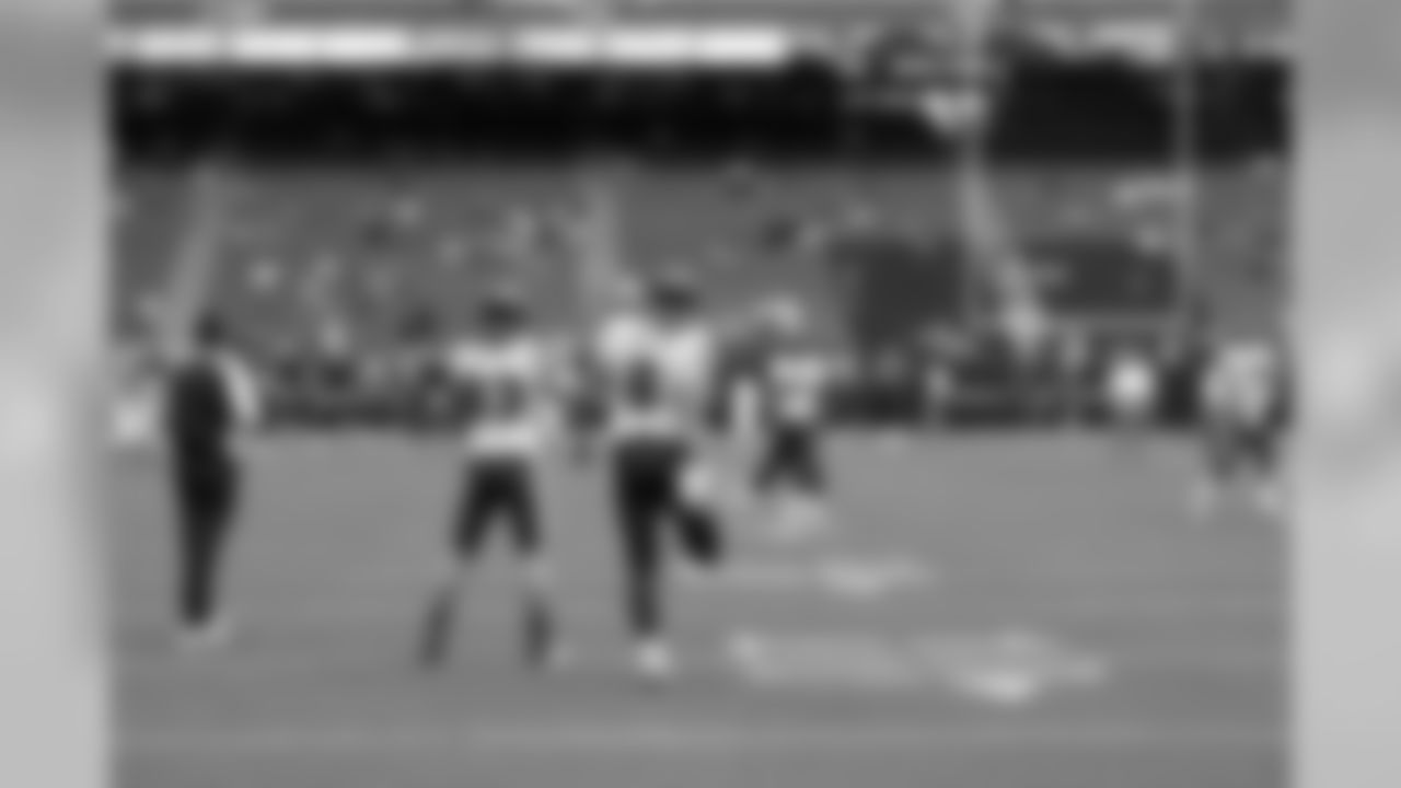 Quarterback Matt Schaub stretches while wide receiver Kevin Walter catches a pass.