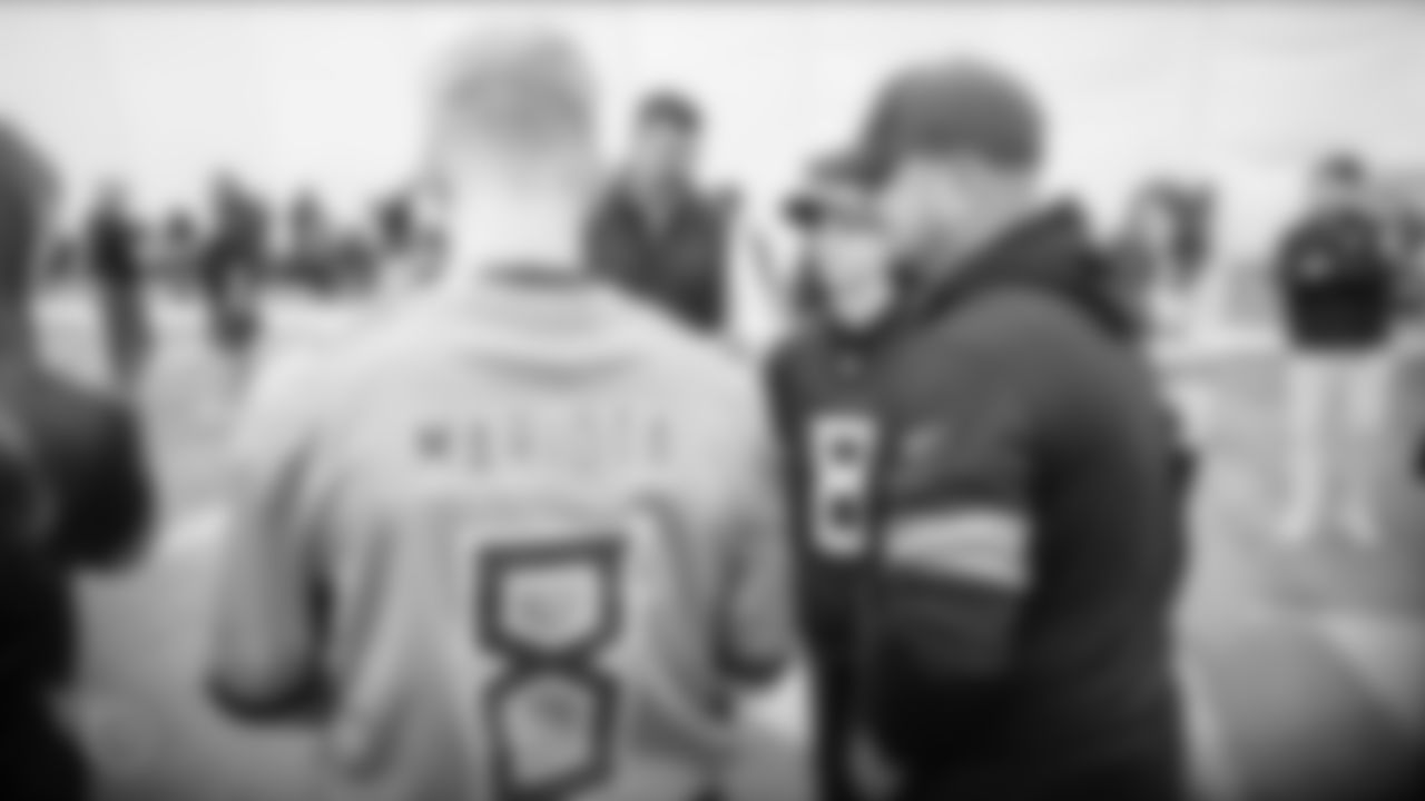 NASHVILLE, TN - NOVEMBER 23, 2019 - Fan Morgan Gorst meets Quarterback Marcus Mariota #8 of the Tennessee Titans after walk through in the bubble at Saint Thomas Sports Park in Nashville, TN. Photo By Donald Page/Tennessee Titans