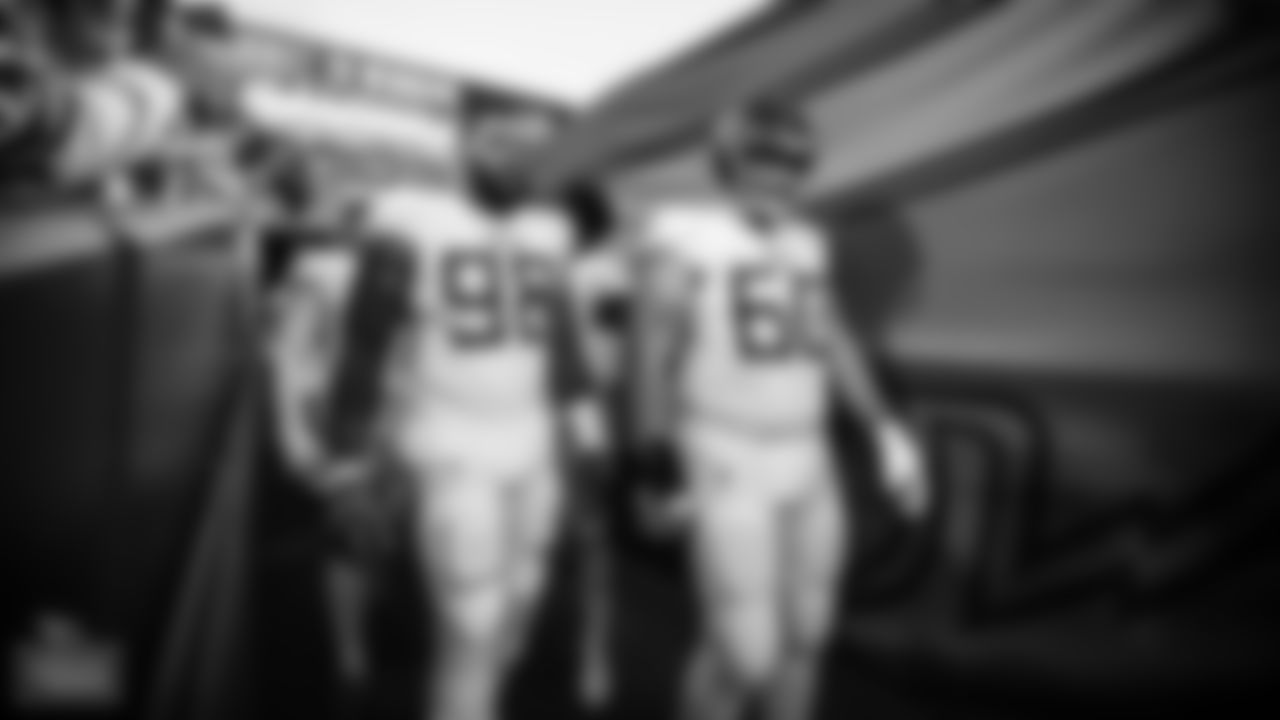 Defensive lineman Jeffery Simmons #98 and Guard Jordan Roos #70 of the Tennessee Titans before the Monday Night Football game between the Tennessee Titans and the Buffalo Bills at Highmark Stadium on September 19, 2022 in Buffalo, New York. Photo By Donald Page/Tennessee Titans