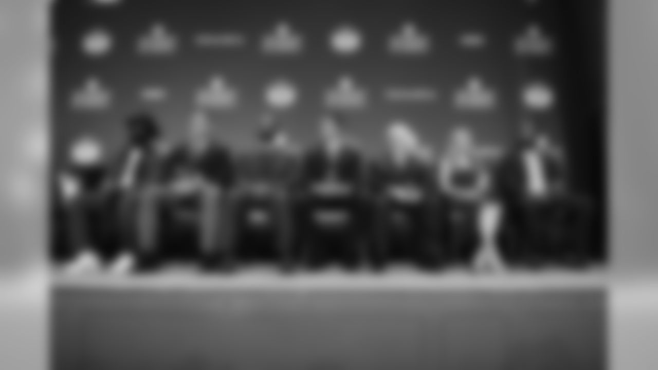 Ed Reed, from left, Kevin Mawae, Ty Law, Tony Gonzalez, Gil Brandt, Brittany Bowlen on behalf of Pat Bowlen, and Champ Bailey, who will be inducted into the Pro Football Hall of Fame class of 2019, speak at the 8th Annual NFL Honors at The Fox Theatre on Saturday, Feb. 2, 2019, in Atlanta. (Photo by Joy Asico/Invision for NFL/AP Images)