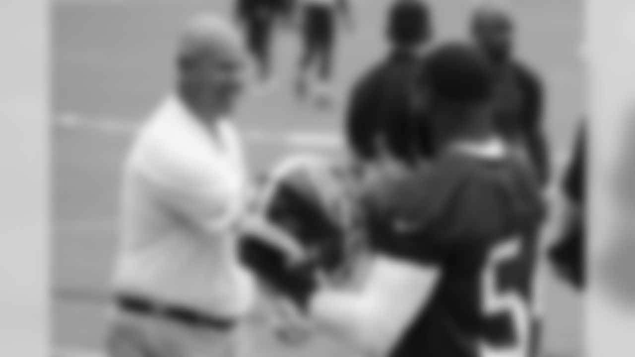 NASHVILLE, TN - JUNE 04, 2019 - Jeremy Pruitt of the Tennessee Volunteers hugs Rashaan Evans #54 of Tennessee Titans during the Coaching Clinic event in Nashville, TN. Photo By Donald Page/Tennessee Titans