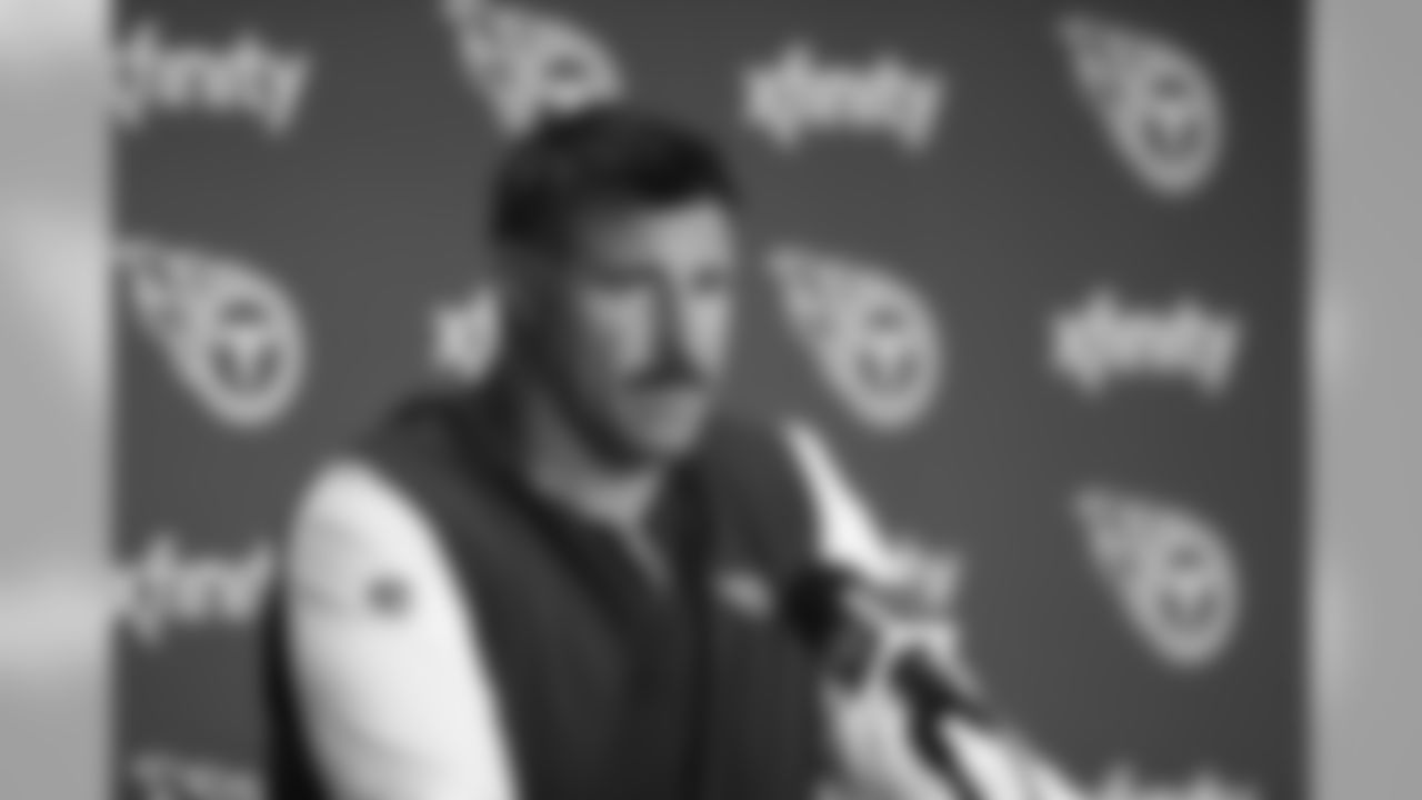 NASHVILLE, TN - JULY 25, 2019 - Head coach Mike Vrabel of Tennessee Titans talks to the media at the press conference before the first day of training camp in Nashville, TN. Photo By Donald Page/Tennessee Titans