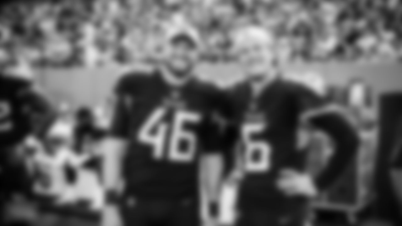 Longsnapper Morgan Cox #46 of the the Tennessee Titans and Punter Brett Kern #6 of the Tennessee Titans before the preseason game between the Tennessee Titans and the Arizona Cardinals at Nissan Stadium on August 27, 2022 in Nashville, TN. Photo By Donald Page/Tennessee Titans