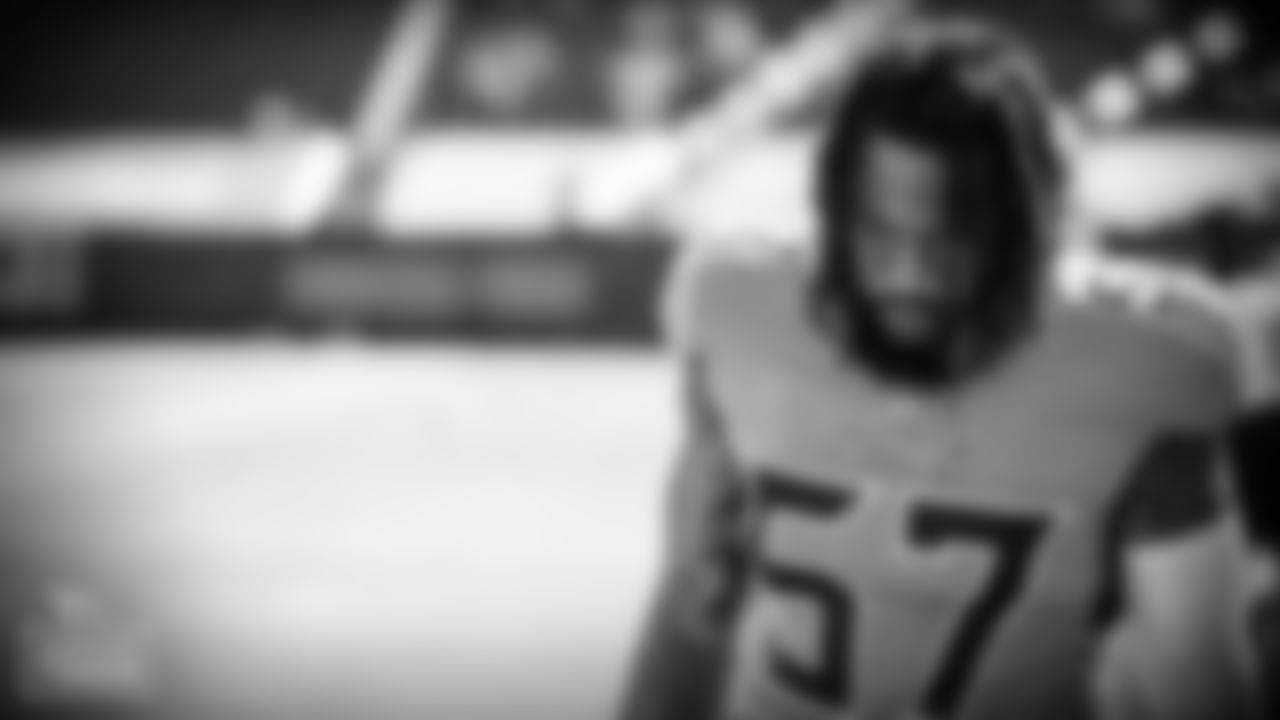 Outside linebacker Wyatt Ray #57 of the Tennessee Titans during warm ups before the game between the Tennessee Titans and the Chicago Bears at Nissan Stadium on NOVEMBER 08, 2020 in Nashville, TN. Photo By Donald Page/Tennessee Titans
