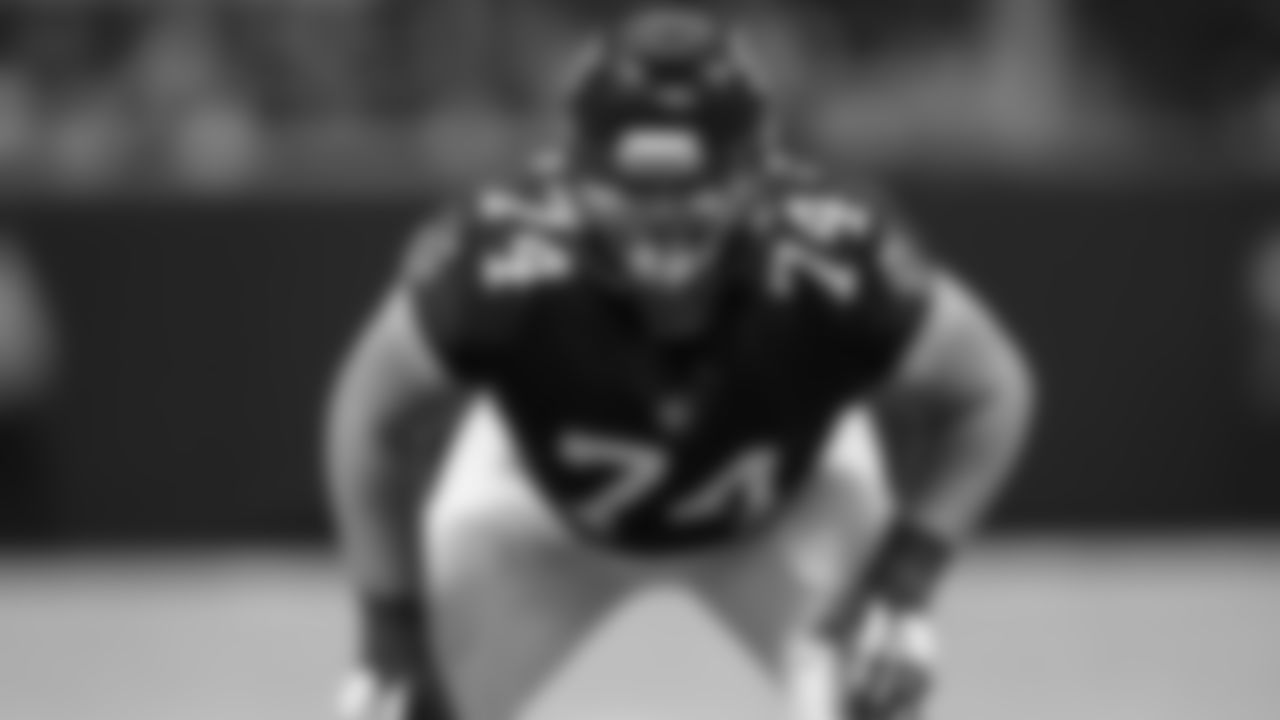 Atlanta Falcons offensive tackle Ty Sambrailo (74) during an NFL football game against the Buffalo Bills, Sunday, October 1, 2017, in Atlanta. The Bills won 23-17. (Paul Abell via AP)