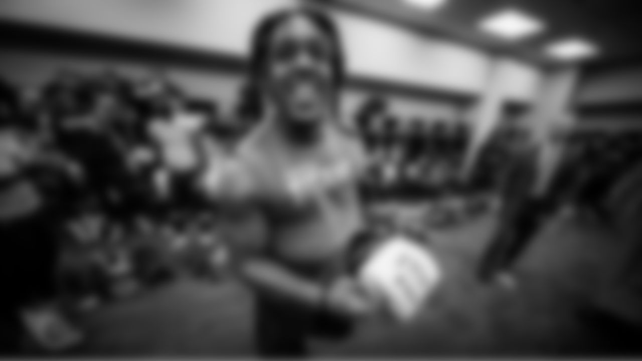 INDIANAPOLIS, IN - DECEMBER 01, 2019 - Linebacker Daren Bates #53 of the Tennessee Titans celebrates in the locker room after the game between the Tennessee Titans and the Indianapolis Colts at Lucas Oil Stadium in Indianapolis, IN. Photo By Donald Page/Tennessee Titans