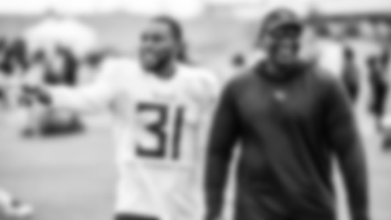 Safety Kevin Byard #31 of the Tennessee Titans and Safeties Coach Scott Booker of the Tennessee Titans during the joint training camp practice between the Tennessee Titans and the Minnesota Vikings on August 17, 2023 at the Twin Cities Orthopedics Performance Center in Eagan, MN. Photo By Donald Page/Tennessee Titans