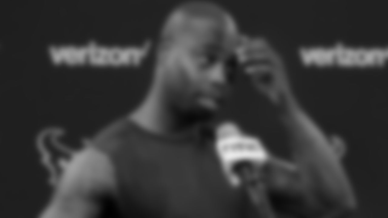 Houston Texans cornerback Johnathan Joseph answers questions during a press conference after a practice at the team's NFL football training facility in Houston Tuesday, June 11, 2019. (AP Photo/Michael Wyke)