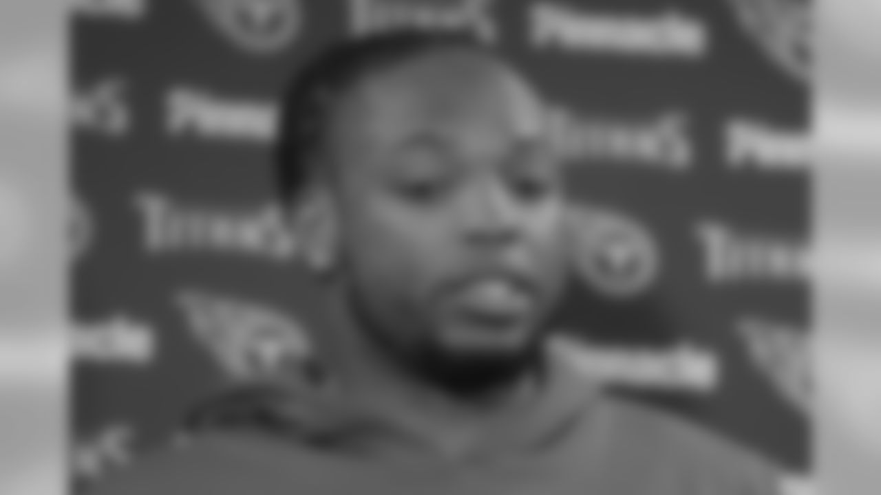 Tennessee Titans running back Derrick Henry speaks to reporters after an NFL football game against the New York Giants, Sunday, Dec. 16, 2018, in East Rutherford, N.J. The Titans won 17-0. (AP Photo/Seth Wenig)
