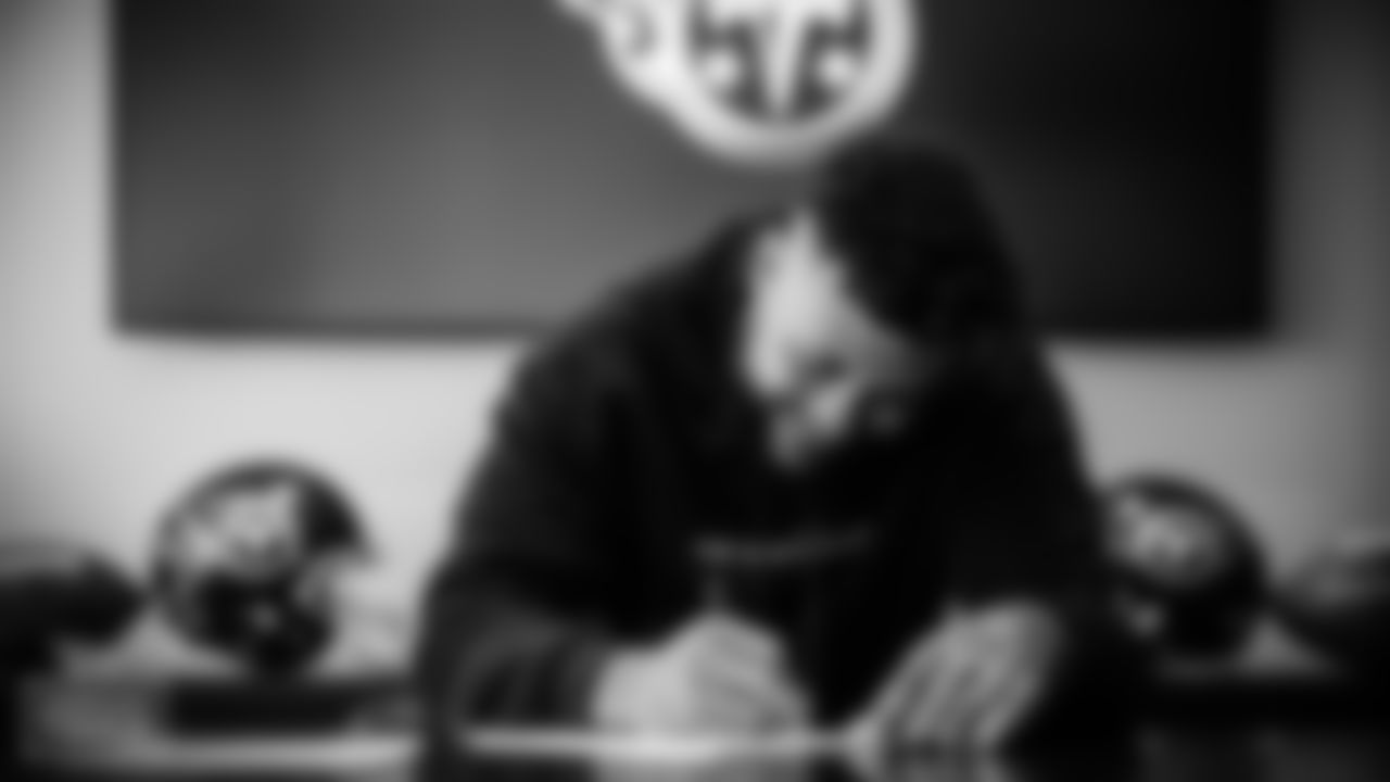 Outside linebacker Harold Landry III #58 of the Tennessee Titans contract signing at Saint Thomas Sports Park on March 10, 2022 in Nashville, TN. Photo By Donald Page/Tennessee Titans