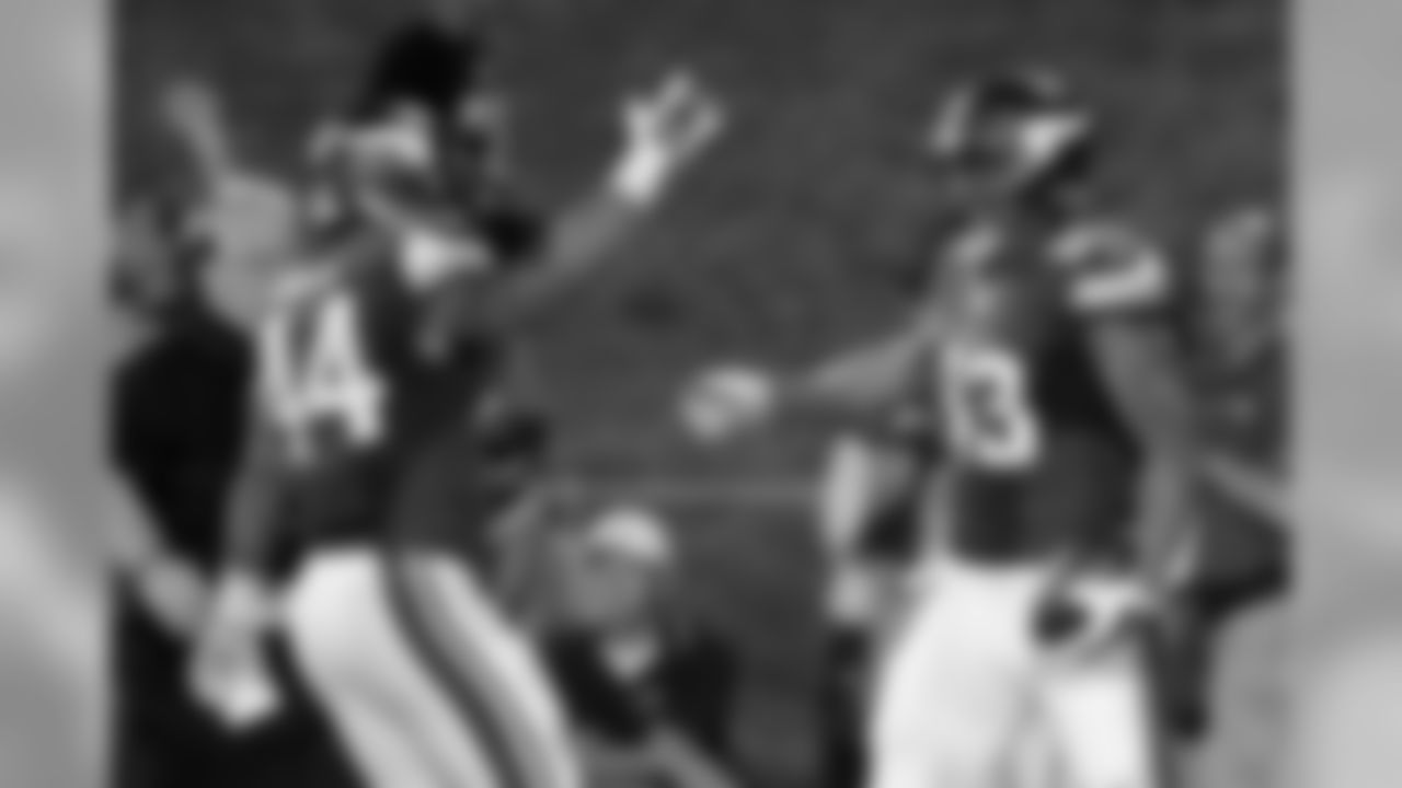 Minnesota Vikings tight end MyCole Pruitt, right, celebrates with teammate Matt Asiata, left, after scoring on a touchdown pass during the first half of an NFL preseason football game against the Pittsburgh Steelers in Canton, Ohio, Sunday, Aug. 9, 2015. (AP Photo/Don Wright)