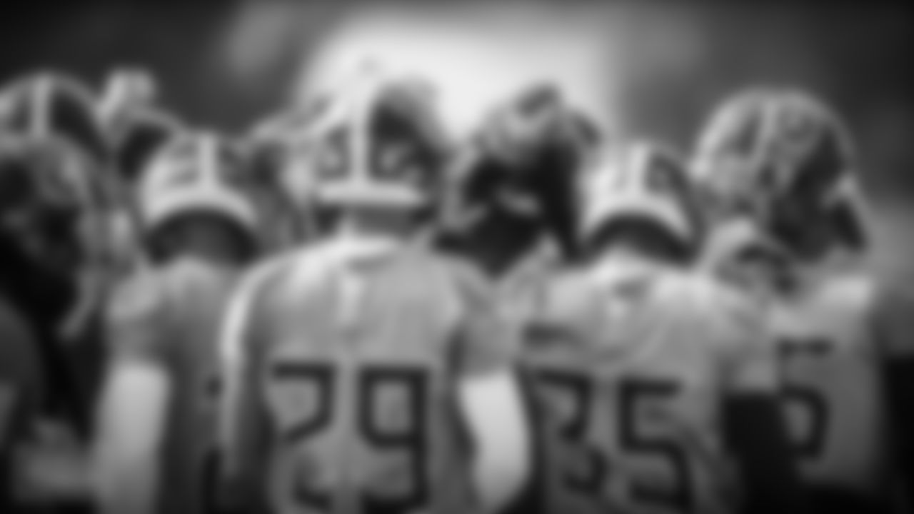 Defensibe backs group huddle during fall camp practice at Saint Thomas Sports Park on August 02, 2021 in Nashville, TN. Photo By Donald Page/Tennessee Titans