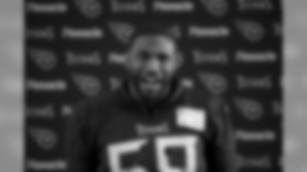 Tennessee Titans' linebacker Wesley Woodyard gives a press conference after an NFL training session at Syon House, in Syon Park, south west London, Friday, Oct. 19, 2018. The Tennessee Titans are preparing for an NFL regular season game against the Los Angeles Chargers in London on Sunday. (AP Photo/Matt Dunham)