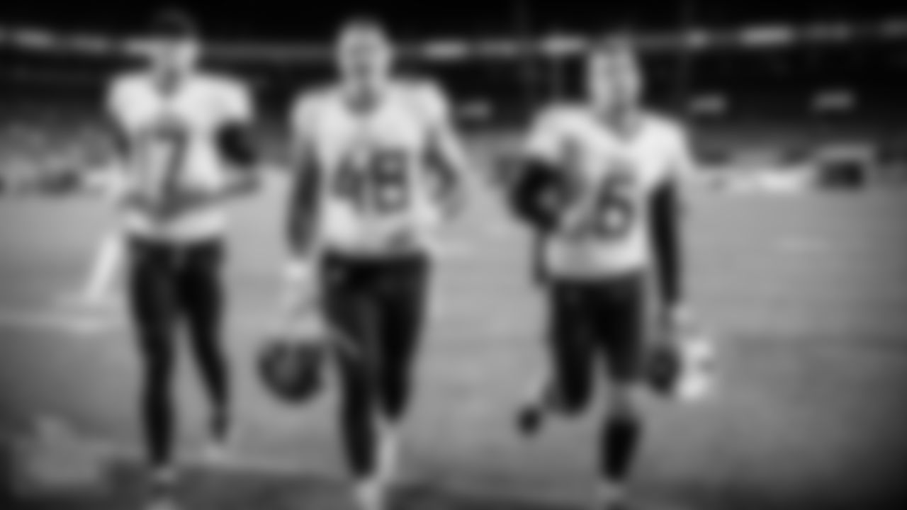DENVER, CO - SEPTEMBER 15, 2020 - Quarterback Ryan Tannehill #17 of the Tennessee Titans, Longsnapper Beau Brinkley #48 of the the Tennessee Titans and Punter Brett Kern #6 of the Tennessee Titans after the Monday Night Football game between the Tennessee Titans and the Denver Broncos at Empower Field at Mile High. Photo By Donald Page/Tennessee Titans