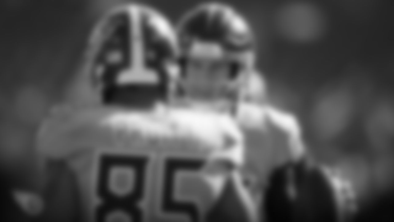 NASHVILLE, TN - OCTOBER 20, 2019 - Quarterback Ryan Tannehill #17 of the Tennessee Titans and Tight end MyCole Pruitt #85 of the Tennessee Titans before the game between the Tennessee Titans and the Los Angeles Chargers at Nissan Stadium in Nashville, TN. Photo By Alison P. McNabb/Tennessee Titans