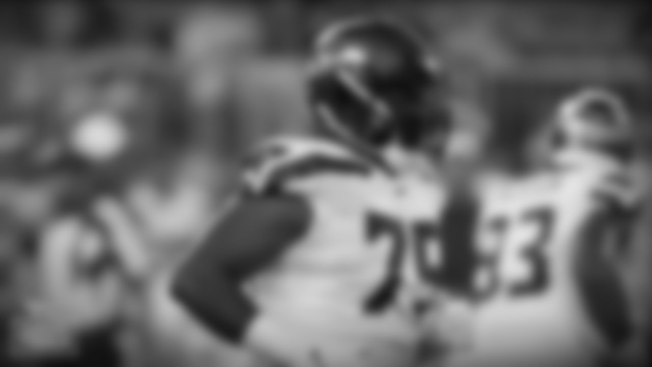 Seattle Seahawks offensive tackle Elijah Nkansah (75) runs during an NFL preseason football game against the Minnesota Vikings, Sunday, Aug. 18, 2019 in Minneapolis. The Vikings defeated the Seahawks 25-19. (Scott Boehm via AP)