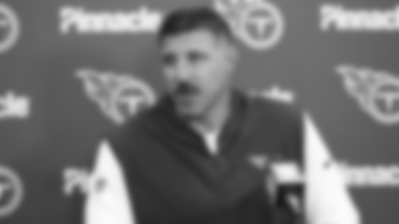 Tennessee Titans head coach Mike Vrabel speaks at a news conference after this team defeated the Cleveland Browns in an NFL football game Sunday, Sept. 8, 2019, in Cleveland. (AP Photo/Ron Schwane)