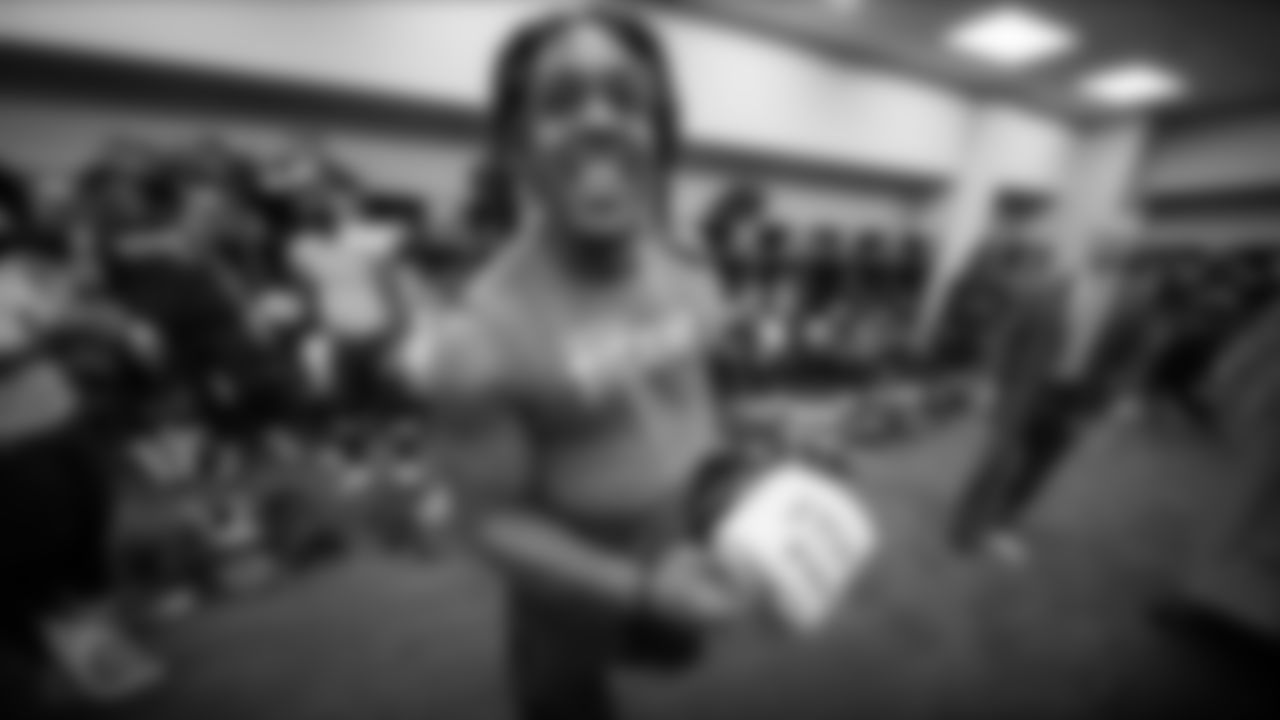 INDIANAPOLIS, IN - DECEMBER 01, 2019 - Linebacker Daren Bates #53 of the Tennessee Titans celebrates in the locker room after the game between the Tennessee Titans and the Indianapolis Colts at Lucas Oil Stadium in Indianapolis, IN. Photo By Donald Page/Tennessee Titans