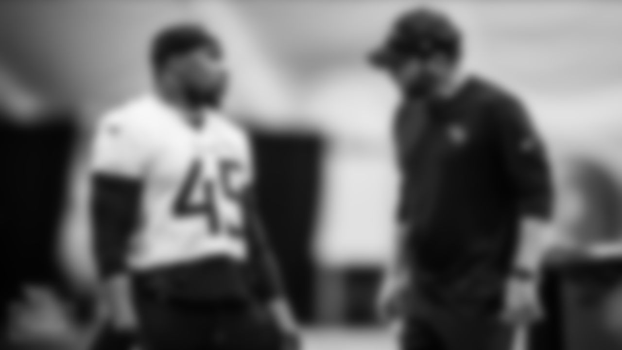 NASHVILLE, TN - JANUARY 06, 2022 - Fullback/running back Khari Blasingame #45 of the Tennessee Titans and Director of Sports Medicine Todd Toriscelli during practice at Saint Thomas Sports Park in Nashville, TN. Photo By Donald Page/Tennessee Titans