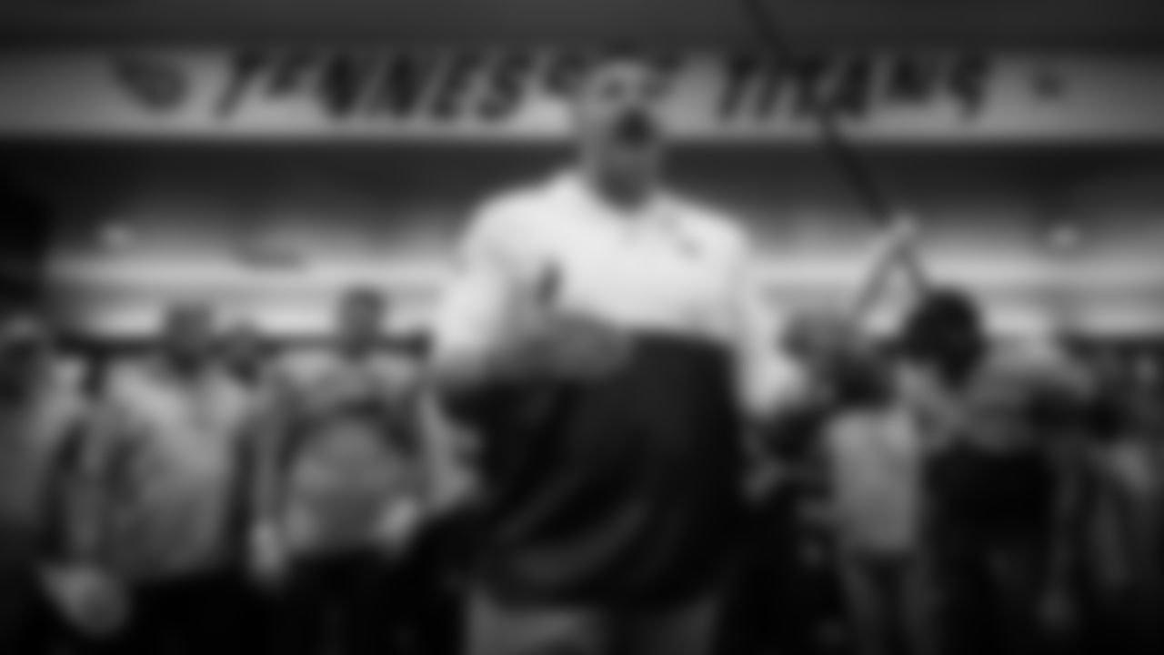 NASHVILLE, TN - NOVEMBER 10, 2019 - Head coach Mike Vrabel of the Tennessee Titans postgame speech in the locker room after the game between the Tennessee Titans and the Kansas City Chiefs at Nissan Stadium in Nashville, TN. Photo By Donald Page/Tennessee Titans