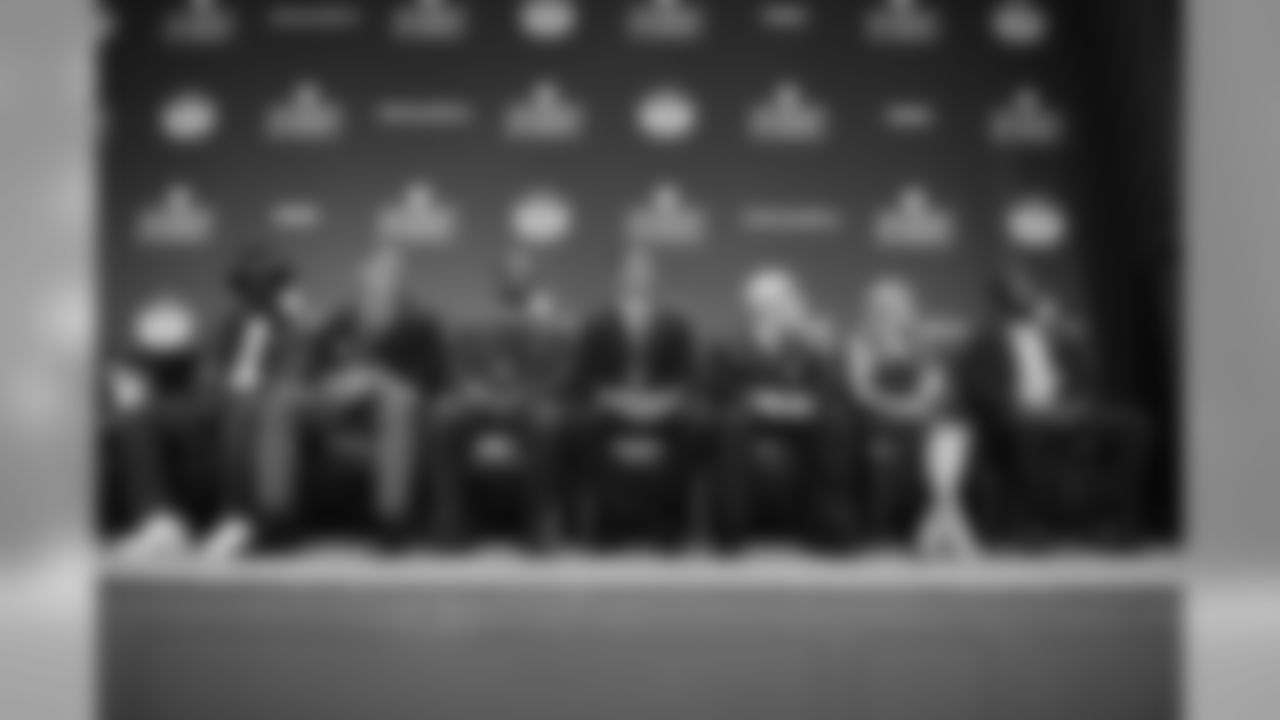 Ed Reed, from left, Kevin Mawae, Ty Law, Tony Gonzalez, Gil Brandt, Brittany Bowlen on behalf of Pat Bowlen, and Champ Bailey who will be inducted into the Pro Football Hall of Fame class of 2019, speak at the 8th Annual NFL Honors at The Fox Theatre on Saturday, Feb. 2, 2019, in Atlanta. (Photo by Joy Asico/Invision for NFL/AP Images)