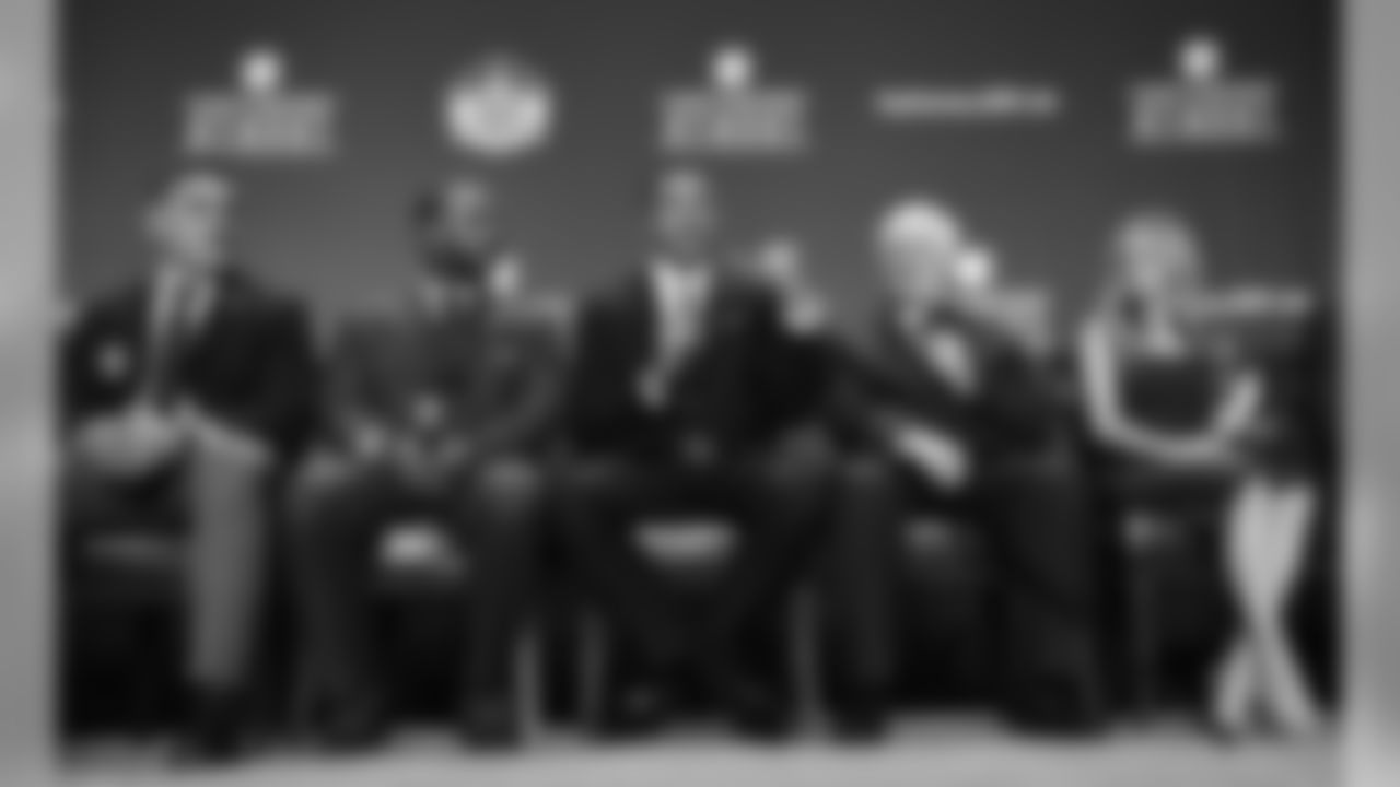 From left, Kevin Mawae, Ty Law, Tony Gonzalez, Gil Brandt and Brittany Bowlen, appearing on behalf of her father, Pat Bowlen, who will be enshrined into the Pro Football Hall of Fame class of 2019, at the 8th Annual NFL Honors at The Fox Theatre on Saturday, Feb. 2, 2019, in Atlanta. (Photo by Joy Asico/Invision for NFL/AP Images)