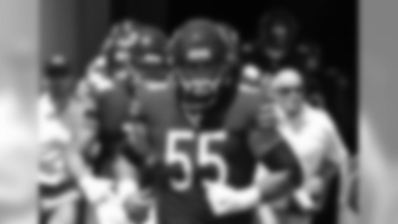 Chicago Bears defensive lineman Hroniss Grasu (55) takes the field before play against the Tampa Bay Buccaneers in an NFL football game Sunday, Sept 17, 2017 in Tampa, Fla. The Buccaneers won 29 - 7. (Al Messerschmidt via AP).