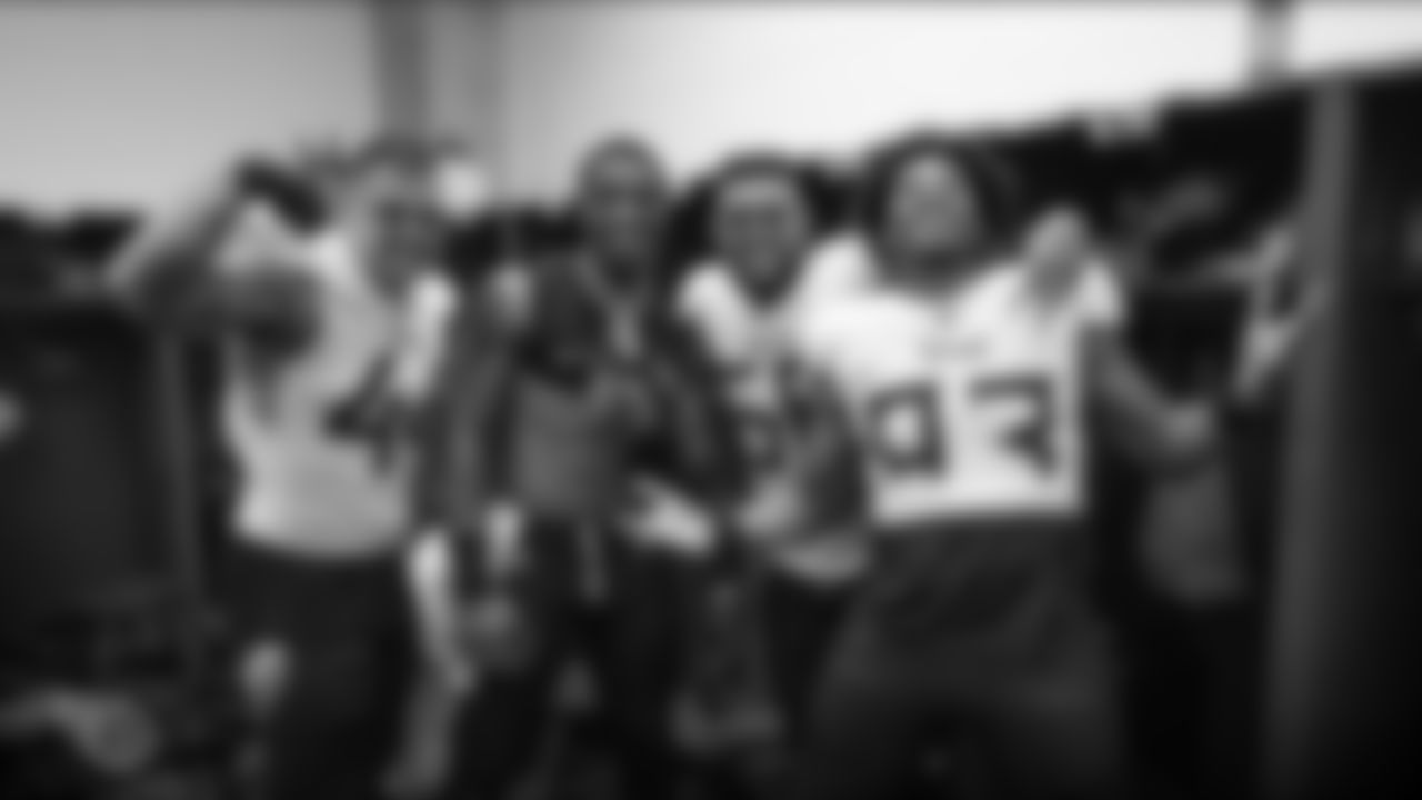 BALTIMORE, MD - JANUARY 11, 2020 - Outside linebacker Kamalei Correa #44, Outside linebacker Derick Roberson #50, Outside linebacker Harold Landry III #58, and Outside linebacker Reggie Gilbert #93 of the Tennessee Titans celebrate in the locker room after the AFC Divisional Playoff Game between the Tennessee Titans and the Baltimore Ravens at M&T Bank Stadium in Baltimore, MD. Photo By Donald Page/Tennessee Titans