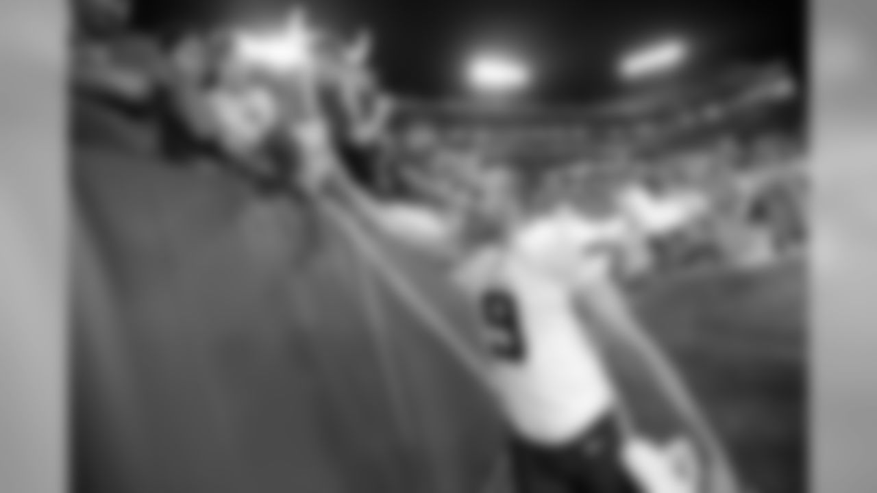 Minnesota Vikings wide receiver Jake Wieneke greets fans as he leaves the field after a preseason NFL football game against the Tennessee Titans Thursday, Aug. 30, 2018, in Nashville, Tenn. The Vikings won 13-3. (AP Photo/Mark Zaleski)