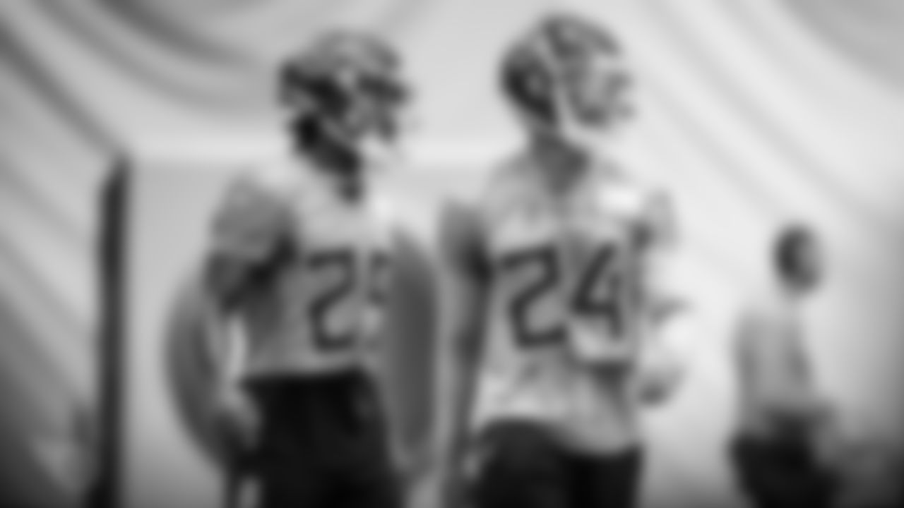 NASHVILLE, TN - SEPTEMBER 11, 2020 - Cornerback Adoree' Jackson #25 of the Tennessee Titans and Safety Kenny Vaccaro #24 of the Tennessee Titans during practice at Saint Thomas Sports Park in Nashville, TN. Photo By Donald Page/Tennessee Titans