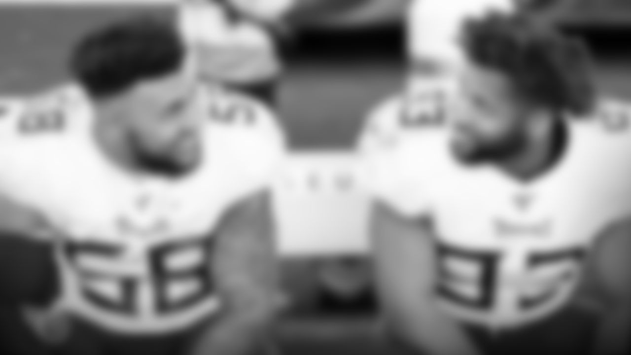 OAKLAND, CA - DECEMBER 08, 2019 - Outside linebacker Harold Landry III #58 of the Tennessee Titans and Outside linebacker Reggie Gilbert #93 of the Tennessee Titans during the game between the Tennessee Titans and Oakland Raiders at at Oakland-Alameda County Coliseum. Photo By Donald Page/Tennessee Titans