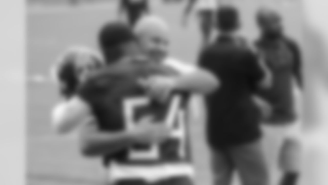 NASHVILLE, TN - JUNE 04, 2019 - Jeremy Pruitt of the Tennessee Volunteers hugs Rashaan Evans #54 of Tennessee Titans during the Coaching Clinic event in Nashville, TN. Photo By Donald Page/Tennessee Titans