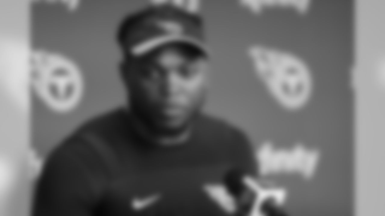 NASHVILLE, TN - JULY 25, 2019 - Running back Derrick Henry #22 of Tennessee Titans talks to the media at the press conference before the first day of training camp in Nashville, TN. Photo By Donald Page/Tennessee Titans