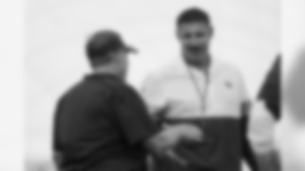 NASHVILLE, TN - AUGUST 14, 2019 - Head coach Mike Vrabel of Tennessee Titans and Bill Belichick during training camp joint practice with the New England Patriots at Saint Thomas Sports Park in Nashville, TN. Photo By Donald Page/Tennessee Titans
