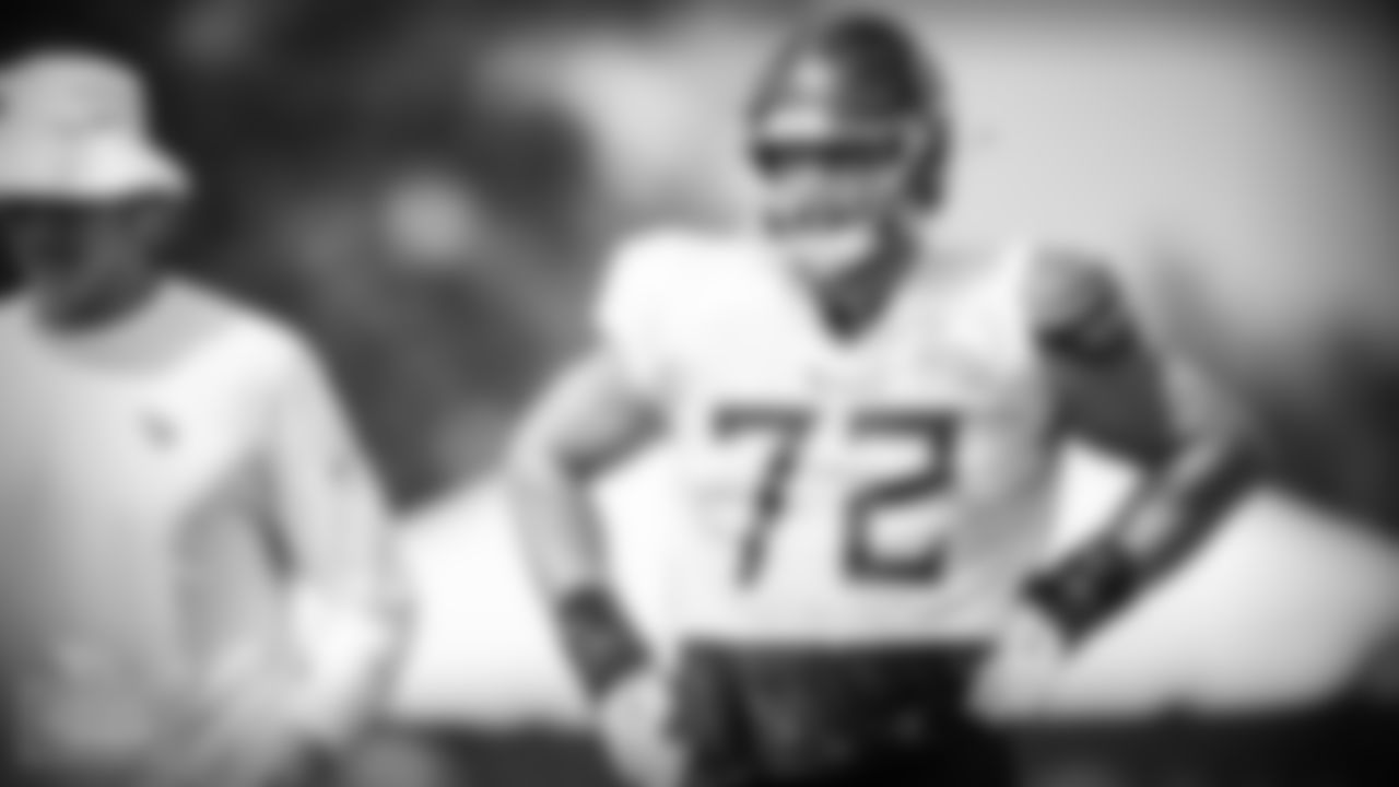Offensive lineman David Quessenberry #72 of the Tennessee Titans during fall camp practice at Saint Thomas Sports Park on AUGUST 09, 2021 in Nashville, TN. Photo By Donald Page/Tennessee Titans