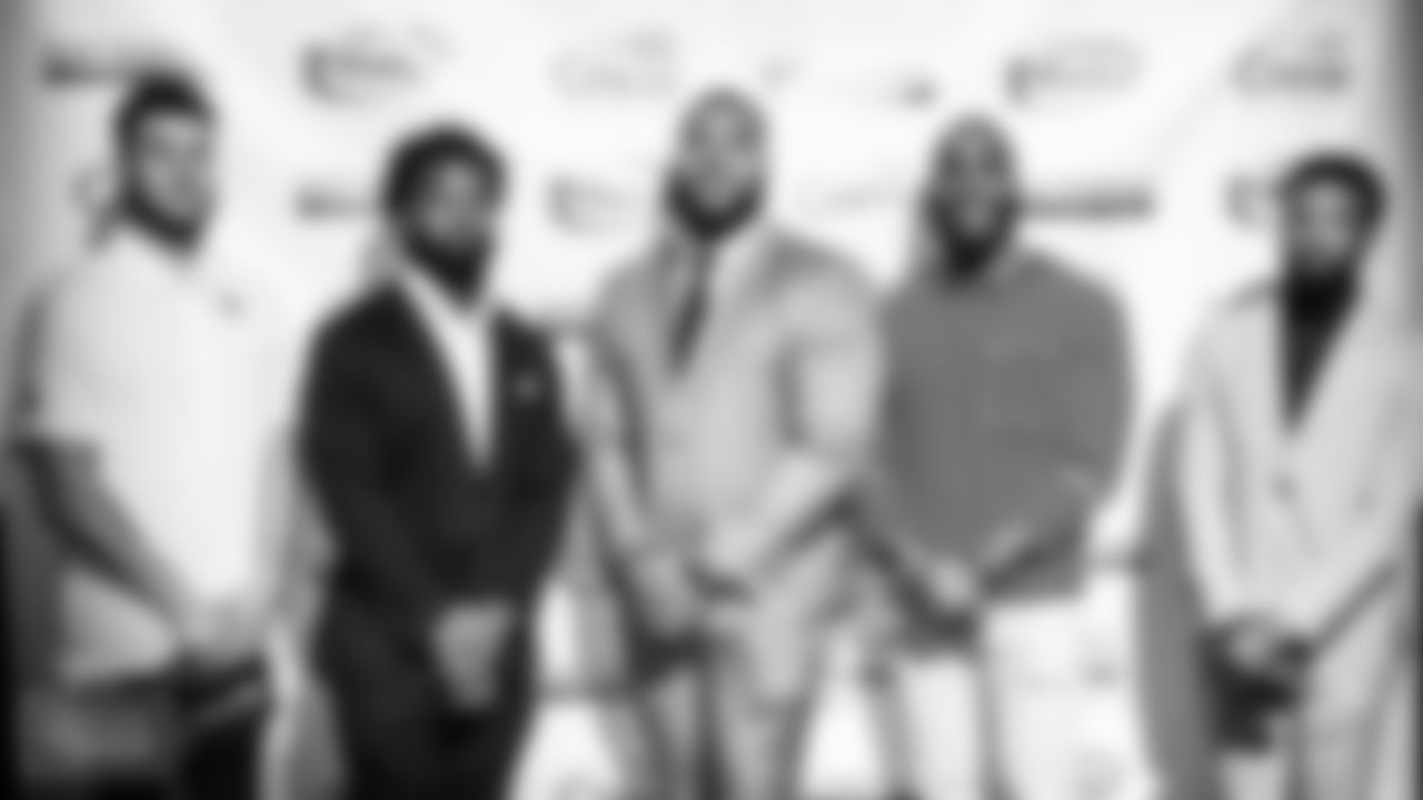 Caleb Farley #3, David Long Jr. #51, Jeffery Simmons #98, Tuzar Skipper #59, and Defensive back Chris Jackson #35 of the Tennessee Titans at the Rally on the Runway event at Marathon Music Works on April 21, 2022 in Nashville, TN. Photo By Sara Grace/Tennessee Titans