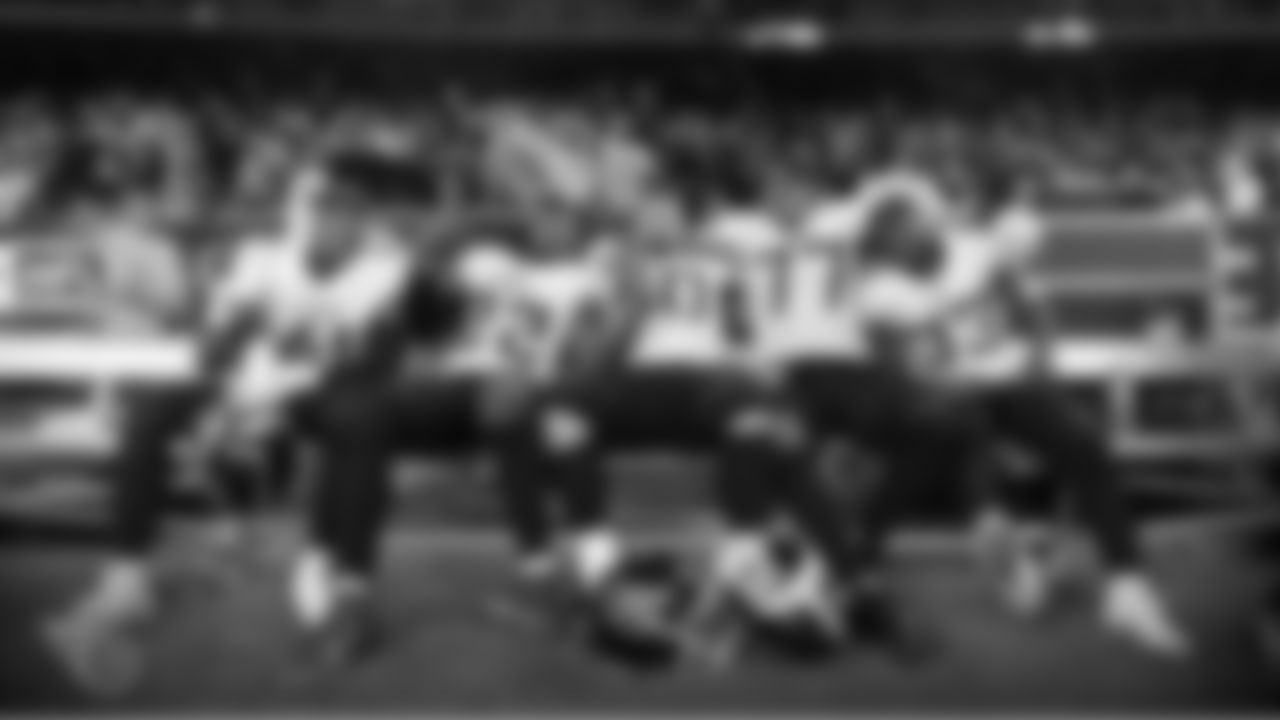 HOUSTON, TX - DECEMBER 29, 2019 - Fullback/running back Khari Blasingame #41 of the Tennessee Titans, Running back Derrick Henry #22 of the Tennessee Titans, Center Ben Jones #60 of the Tennessee Titans, Tackle Taylor Lewan #77 of the Tennessee Titans, and Running back Dion Lewis #33 of the Tennessee Titans during the game between the Tennessee Titans and the Houston Texans at NRG Stadium in Houston, TX. Photo By Donald Page/Tennessee Titans