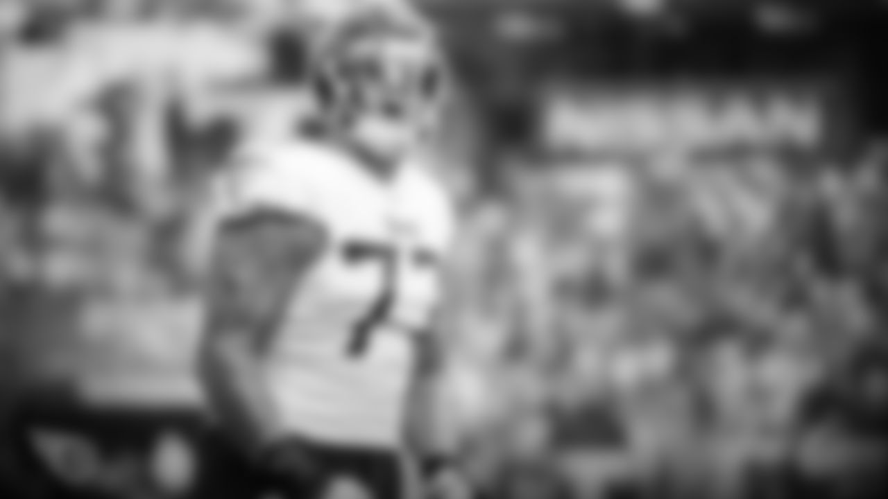 NASHVILLE, TN - OCTOBER 06, 2019 - Tackle Taylor Lewan #77 of the Tennessee Titans celebration during the game between the Tennessee Titans and the Buffalo Bills at Nissan Stadium in Nashville, TN. Photo By Donald Page/Tennessee Titans