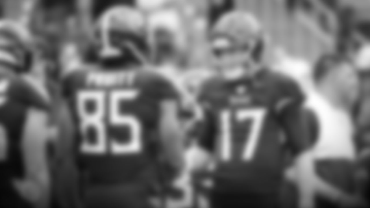 NASHVILLE, TN - DECEMBER 22, 2019 - Quarterback Ryan Tannehill #17 of the Tennessee Titans and Tight end MyCole Pruitt #85 of the Tennessee Titans before the game between the Tennessee Titans and the New Orleans Saints at Nissan Stadium in Nashville, TN. Photo By Kayla Schoen /Tennessee Titans