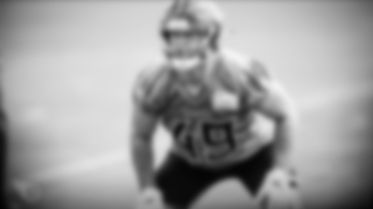 NASHVILLE, TN - AUGUST 16, 2020 - Linebacker Nick Dzubnar #49 of the Tennessee Titans during practice at Saint Thomas Sports Park in Nashville, TN. Photo By Donald Page/Tennessee Titans