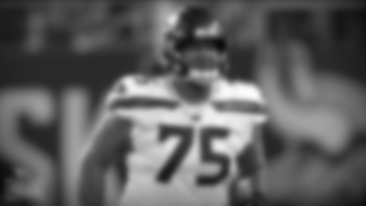 Seattle Seahawks offensive tackle Elijah Nkansah (75) runs during an NFL preseason football game against the Minnesota Vikings, Sunday, Aug. 18, 2019 in Minneapolis. The Vikings defeated the Seahawks 25-19. (Scott Boehm via AP)