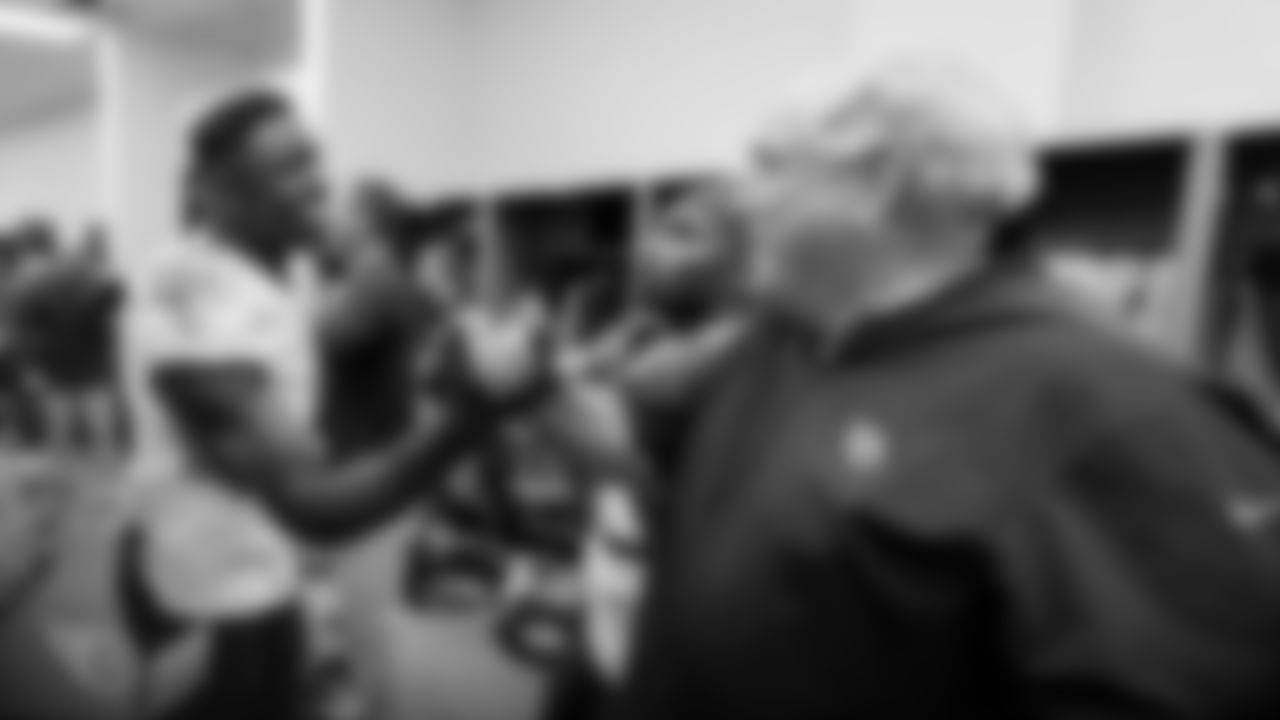 CLEVELAND, OH - SEPTEMBER 08, 2019 - Wide receiver A.J. Brown #11 of the Tennessee Titans and Defensive Coordinator Dean Pees of the Tennessee Titans in the locker room after the Tennessee Titans game against the Cleveland Browns at FirstEnergy Stadium in Cleveland, OH. Photo By Donald Page/Tennessee Titans