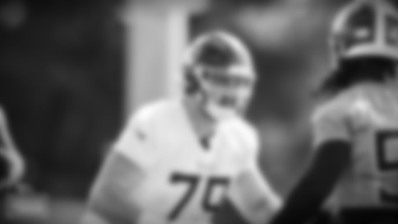 Offensive lineman Elijah Nkansah #79 of the Tennessee Titans during fall camp practice at Saint Thomas Sports Park on August 03, 2021 in Nashville, TN. Photo By Cameron Faulkner/Tennessee Titans