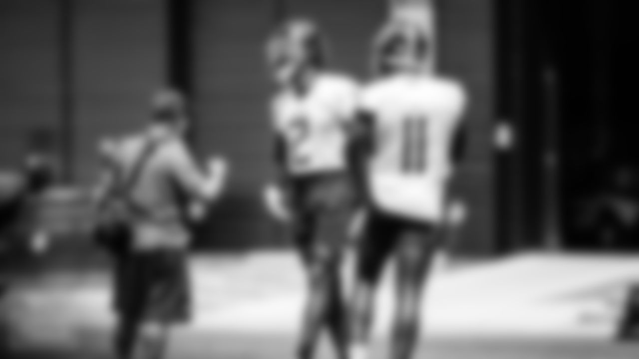 Wide receiver Julio Jones #2 of the Tennessee Titans and Wide receiver A.J. Brown #11 of the Tennessee Titans during practice at Saint Thomas Sports Park on September 16, 2021 in Nashville, TN. Photo By Donald Page/Tennessee Titans