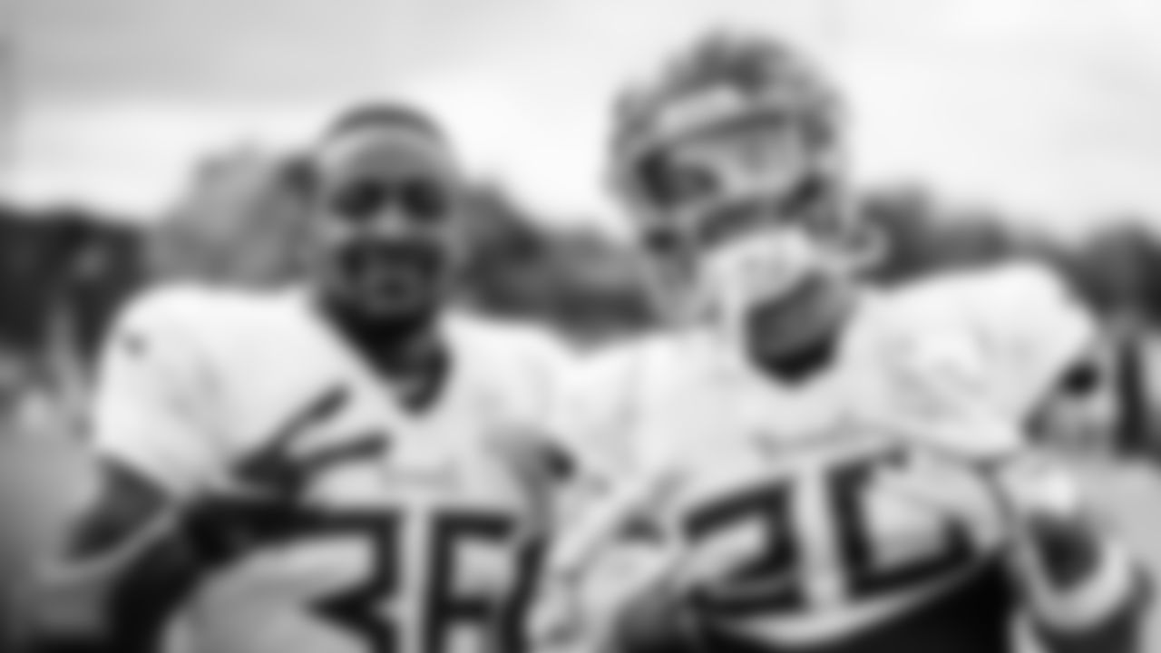 Julius Chestnut #36 and Running back Jordan Wilkins #20 of the Tennessee Titans during training camp at Ascension Saint Thomas Sports Park on August 05, 2022 in Nashville, TN. Photo By Cameron Faulkner/Tennessee Titans