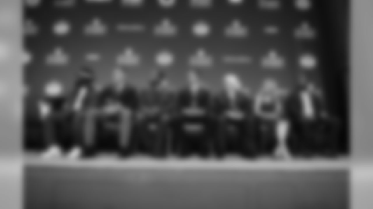 Ed Reed, from left, Kevin Mawae, Ty Law, Tony Gonzalez, Gil Brandt, Brittany Bowlen on behalf of Pat Bowlen, and Champ Bailey, who will be inducted into the Pro Football Hall of Fame class of 2019, speak at the 8th Annual NFL Honors at The Fox Theatre on Saturday, Feb. 2, 2019, in Atlanta. (Photo by Joy Asico/Invision for NFL/AP Images)