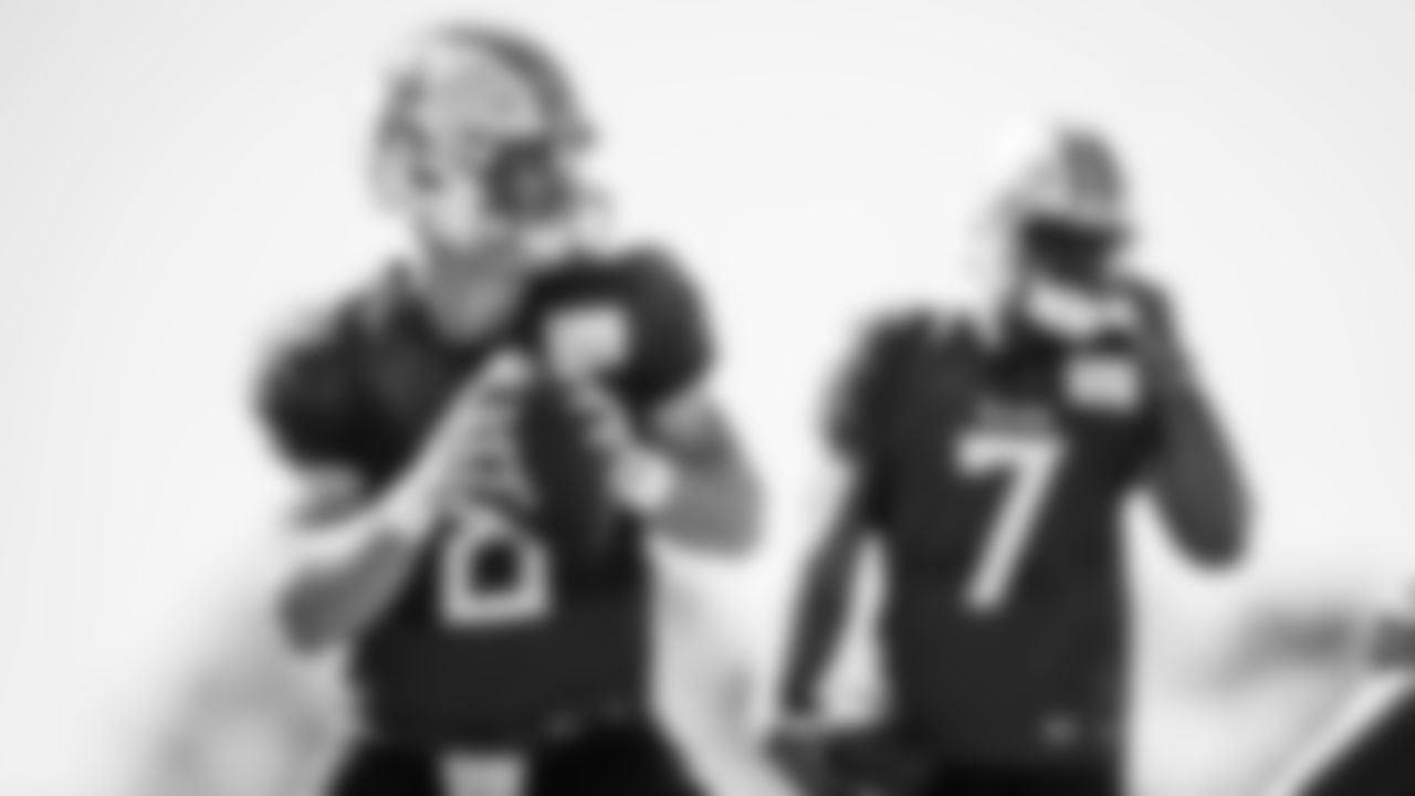 Quarterback Malik Willis #7 of the Tennessee Titans and Quarterback Will Levis #8 of the Tennessee Titans during practice at the Ascension Saint Thomas Sports Park on October 25, 2023 in Nashville, TN. Photo By Donald Page/Tennessee Titans
