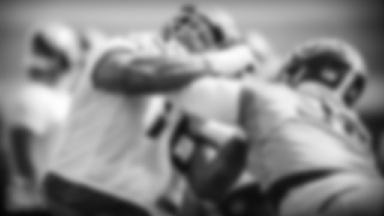Guard Rodger Saffold III #76 of the Tennessee Titans and Defensive lineman Jeffery Simmons #98 of the Tennessee Titans during fall camp practice at Saint Thomas Sports Park on JULY 31, 2021 in Nashville, TN. Photo By Donald Page/Tennessee Titans