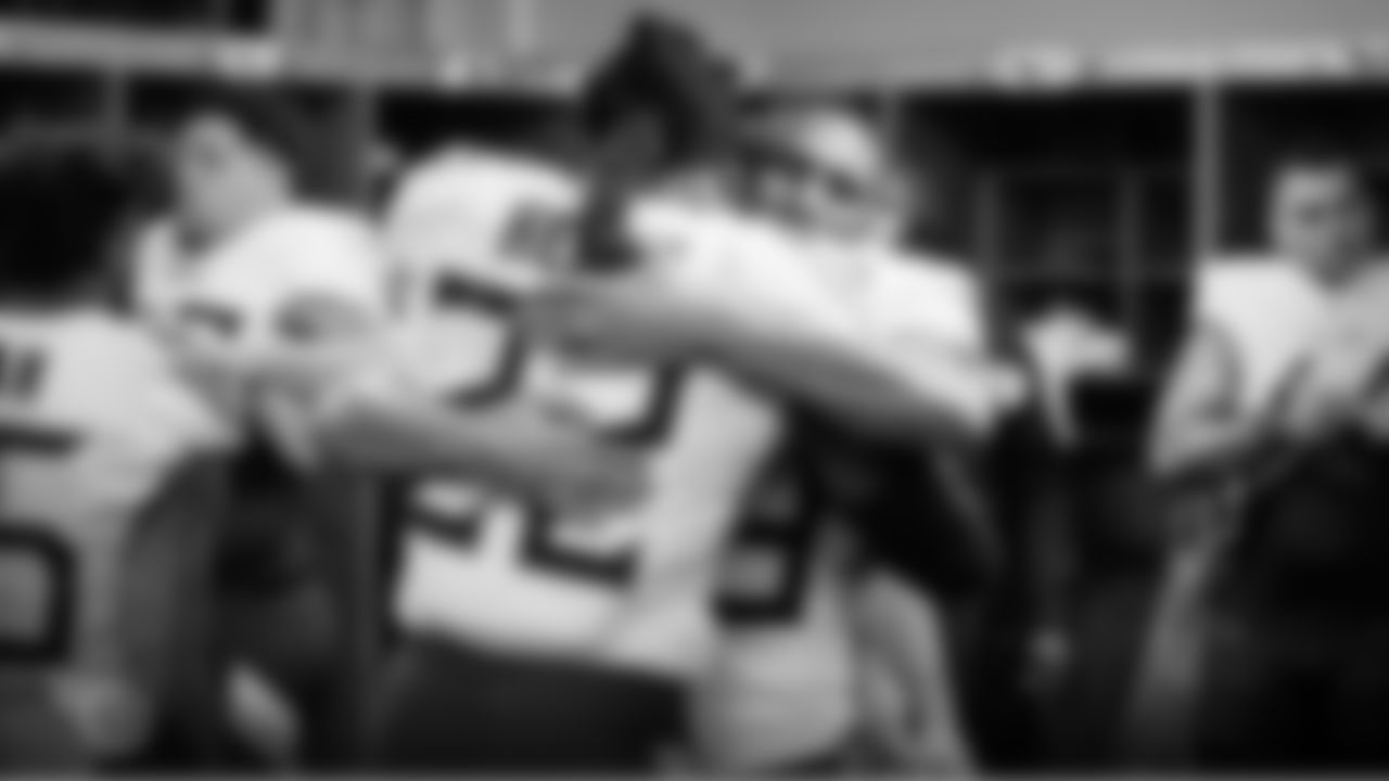 KANSAS CITY, MO - JANUARY 19, 2020 - Running back Derrick Henry #22 and Linebacker Wesley Woodyard #59 of the Tennessee Titans hug in the locker room after the AFC Championship game between the Tennessee Titans and the Kansas City Chiefs at Arrowhead Stadium in Kansas City, MO. Photo By Donald Page/Tennessee Titans