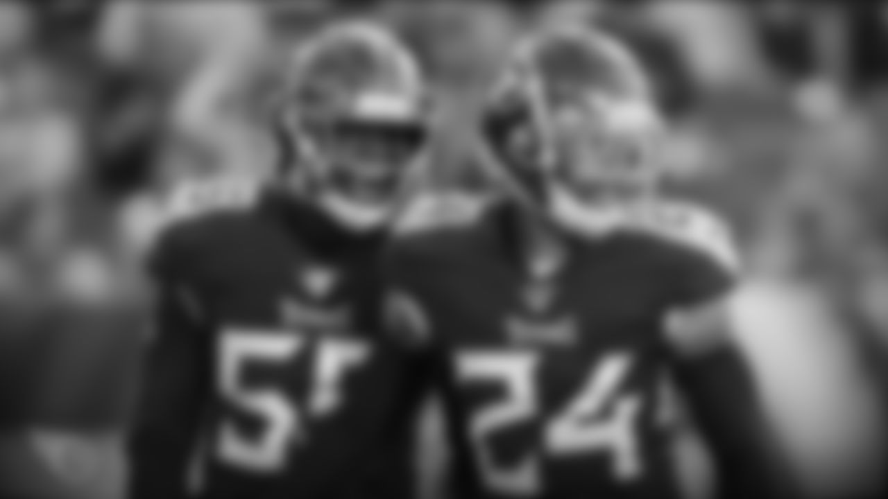 NASHVILLE, TN - AUGUST 17, 2019 - Safety Kenny Vaccaro #24 of Tennessee Titans and Linebacker Jayon Brown #55 of Tennessee Titans celebrate during the preseason home game between the New England Patriots and the Tennessee Titans at Nissan Stadium in Nashville, TN. Photo By Donald Page/Tennessee Titans